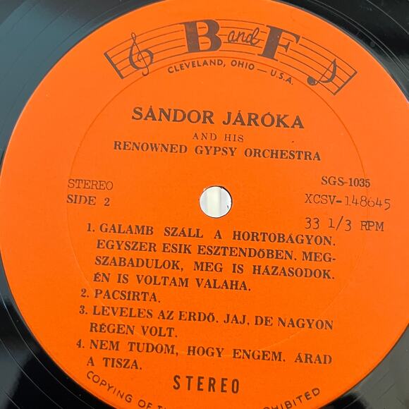 Sándor Járóka & His Renowned Gypsy Orchestra Vinyl LP B&F SGS-1035 - Picture 5 of 7